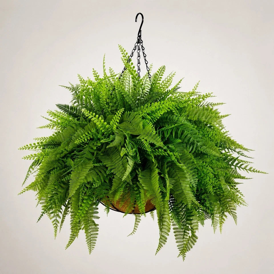20” UV Artificial Mixed Fern Hanging Basket, Realistic Faux Greenery Plant for Indoor Outdoor Home Garden Decor