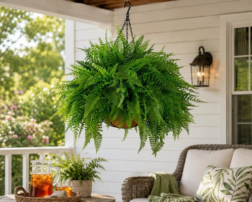 20” UV Artificial Mixed Fern Hanging Basket, Realistic Faux Greenery Plant for Indoor Outdoor Home Garden Decor