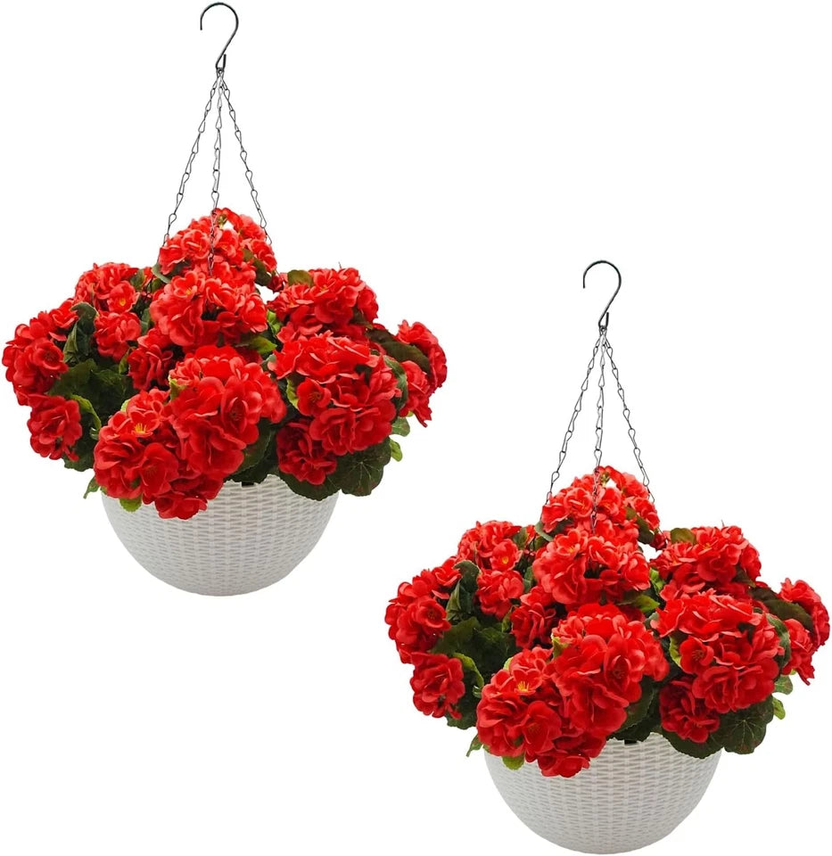 Artificial Hanging Baskets Set of 2 with 12 Geranium Flowers, Realistic Faux Plants for Indoor Outdoor Home Garden Decor