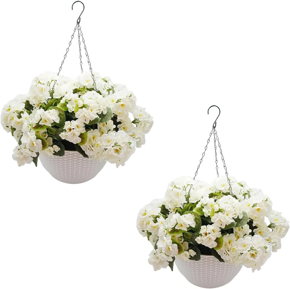 Artificial Hanging Baskets Set of 2 with 12 Geranium Flowers, Realistic Faux Plants for Indoor Outdoor Home Garden Decor