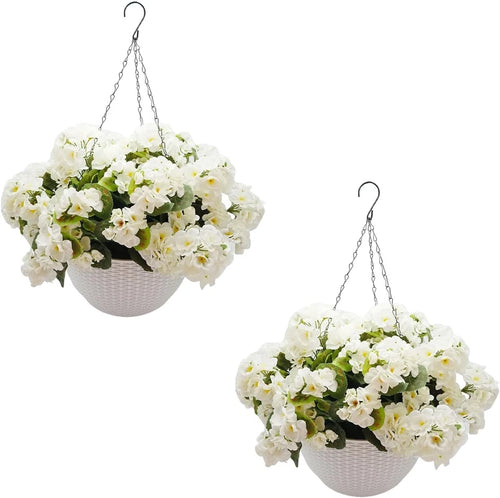 Artificial Hanging Baskets Set of 2 with 12 Geranium Flowers, Realistic Faux Plants for Indoor Outdoor Home Garden Decor