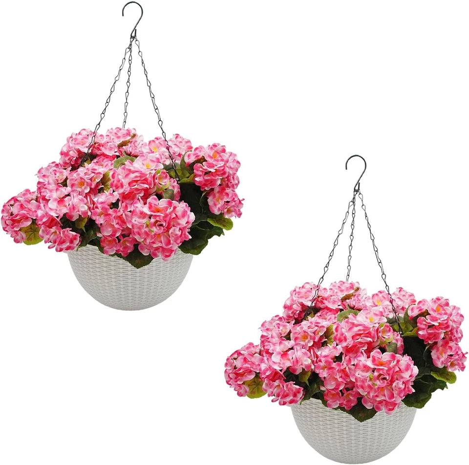 Artificial Hanging Baskets Set of 2 with 12 Geranium Flowers, Realistic Faux Plants for Indoor Outdoor Home Garden Decor