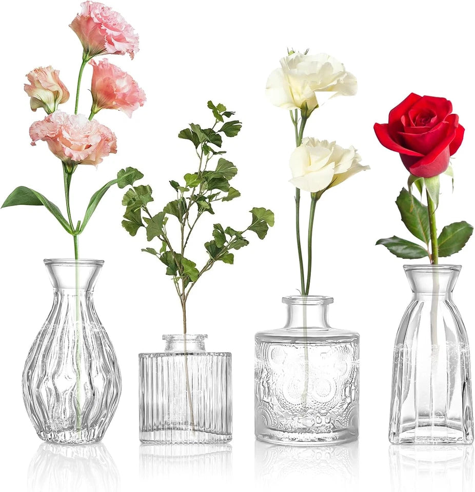 Glass Bud Vases Set of 4, Small Flower Vase Collection in 4 Sizes for Party, Wedding, Home Table Decor
