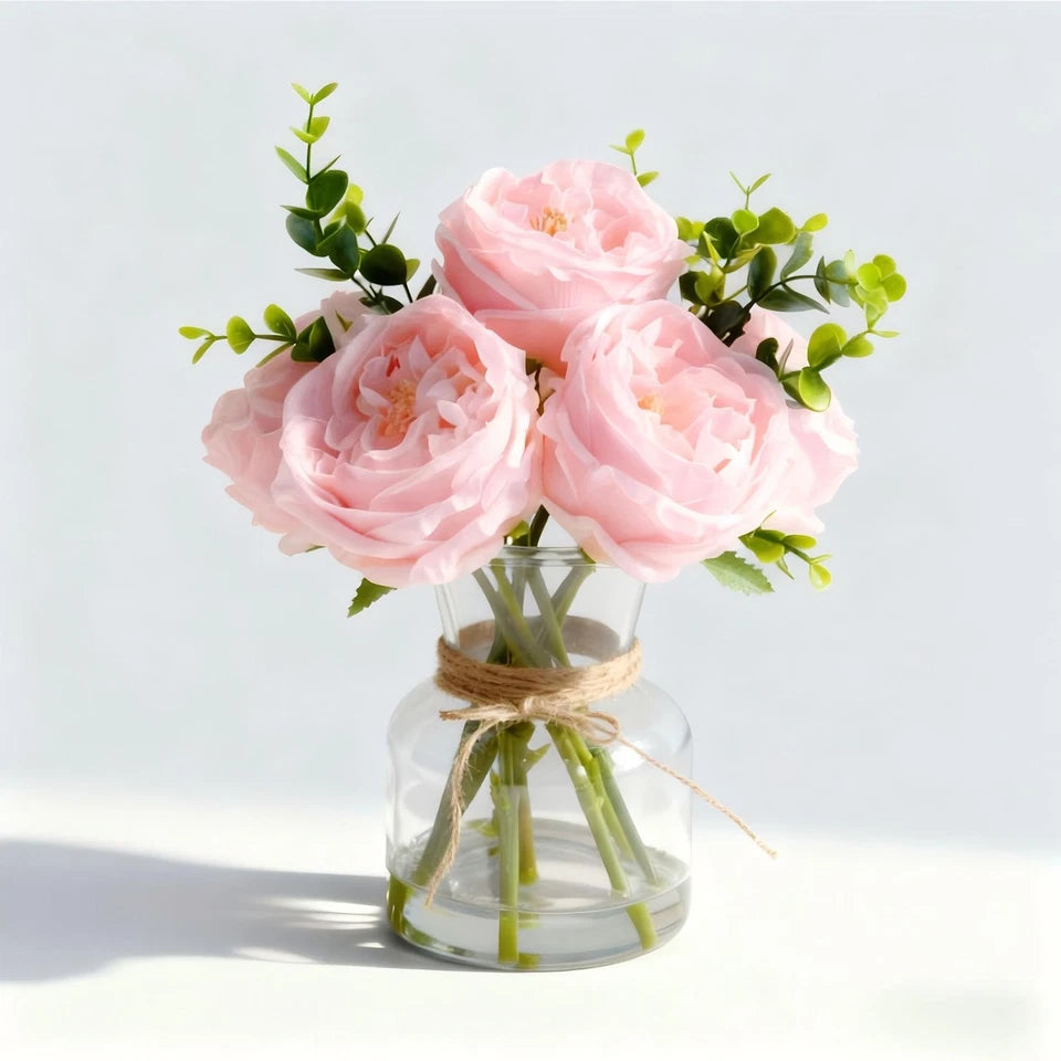 Lifelike Pink Rose Artificial Flowers in Vase with Faux Water, Realistic Fake Floral Arrangement for Wedding Home Decor