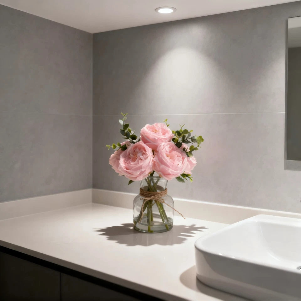 Lifelike Pink Rose Artificial Flowers in Vase with Faux Water, Realistic Fake Floral Arrangement for Wedding Home Decor